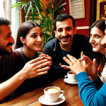 **

A diverse group of people gathered around a table, engaged in conversation. Some are gesturing with their hands, others are listening intently. The setting is a cozy café in Istanbul, filled with the aroma of Turkish coffee and the sound of lively chatter. Focus on capturing expressions of empathy and understanding on their faces. The overall mood is warm and inviting, showcasing successful cross-cultural communication.

**