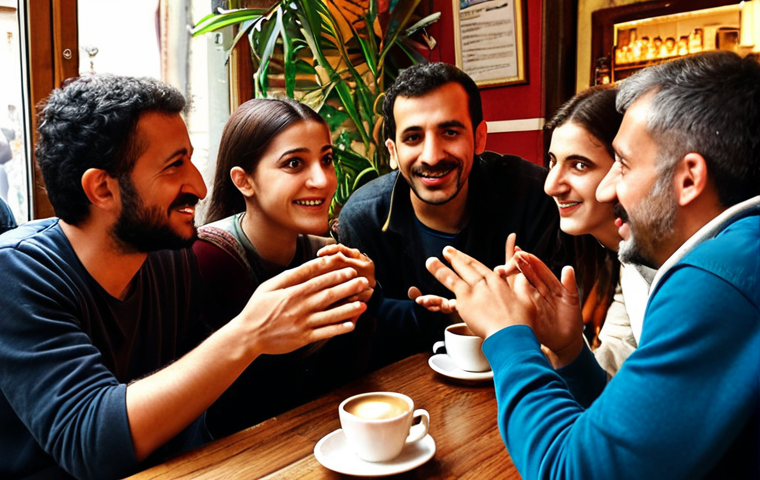 **

A diverse group of people gathered around a table, engaged in conversation. Some are gesturing with their hands, others are listening intently. The setting is a cozy café in Istanbul, filled with the aroma of Turkish coffee and the sound of lively chatter. Focus on capturing expressions of empathy and understanding on their faces. The overall mood is warm and inviting, showcasing successful cross-cultural communication.

**