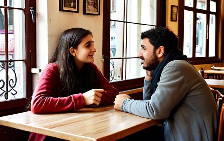 **Image Prompt:** A warm, inviting cafe scene in Istanbul. Two friends are sitting at a table, engaged in a heartfelt conversation. One is actively listening with empathy, maintaining eye contact and nodding, while the other is expressing their feelings using "I" statements, hands gesturing gently. Soft, natural light fills the cafe.